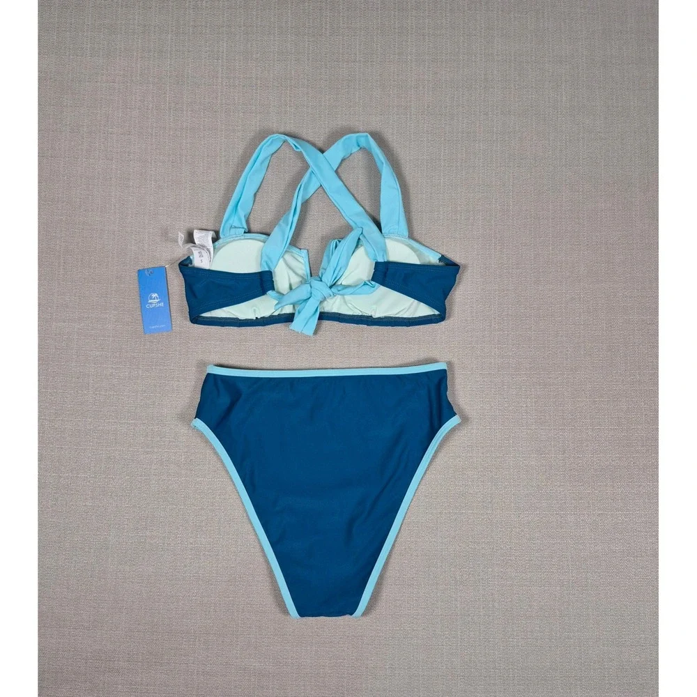 Cupshe Womens High Waisted Bikini Set Teal Blue Sweetheart Neck Size S‎ NWT